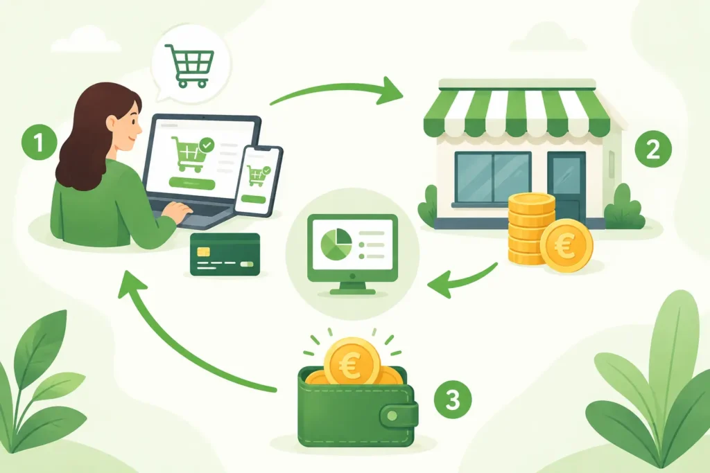 Fonctionnement du cashback avec achat, commission et remboursement
