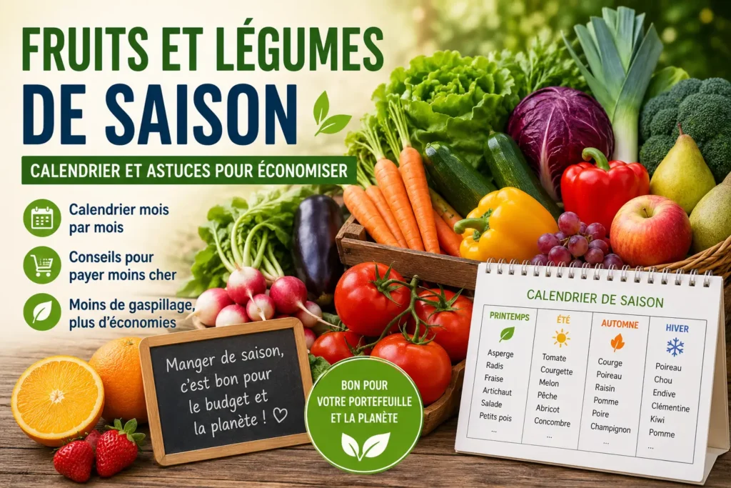 Fruits et légumes de saison présentés avec un calendrier des saisons