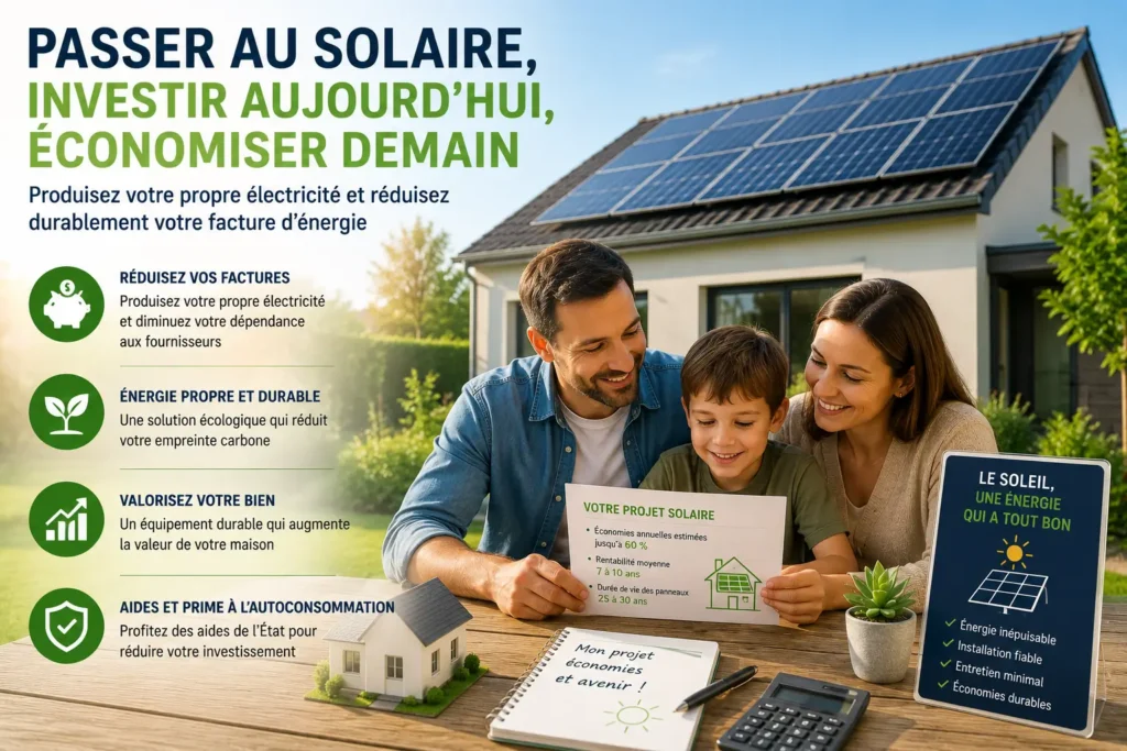 Panneaux solaires installés sur une maison pour produire une électricité moins chère et réduire sa facture énergétique