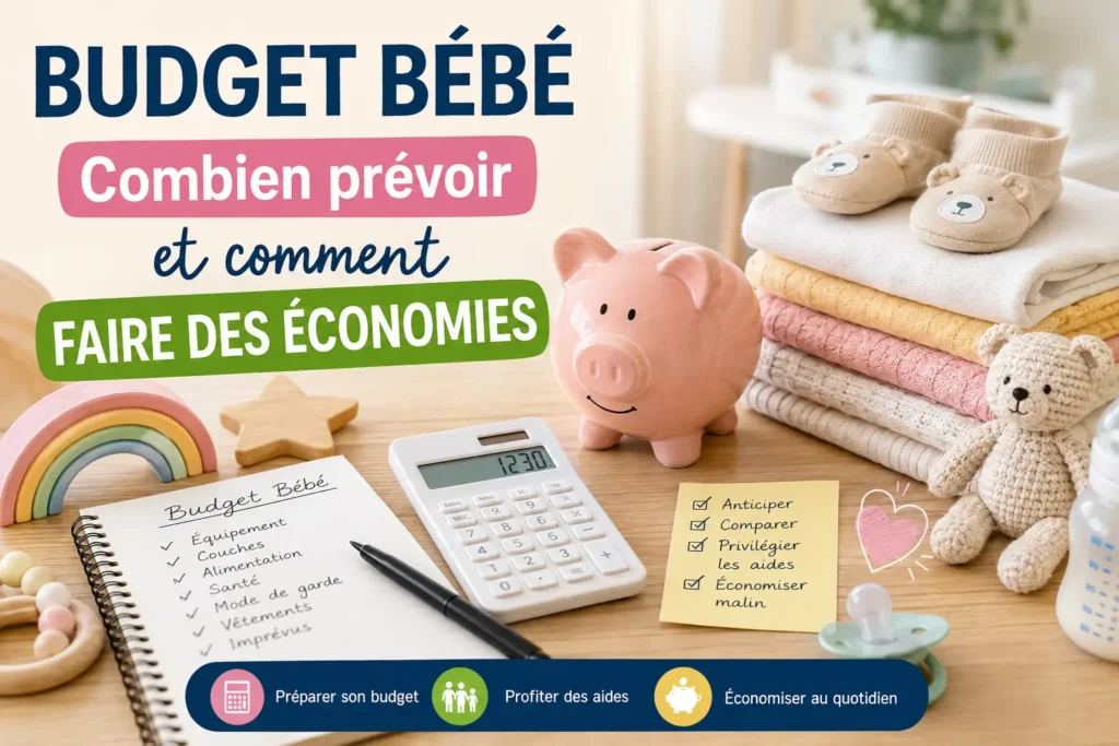 Budget bébé avec calculatrice, vêtements, tirelire et accessoires pour nouveau-né