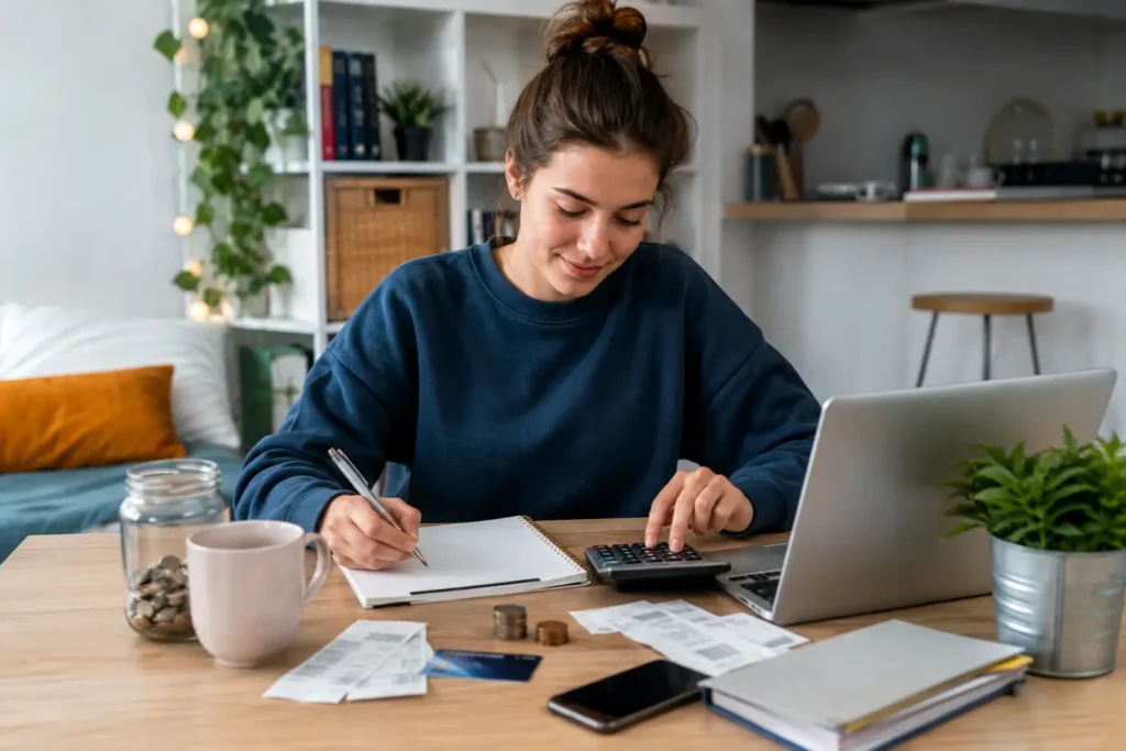 Étudiante gérant son budget étudiant avec calculatrice, ordinateur et dépenses