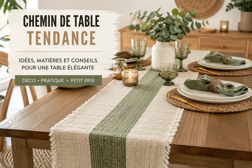 Chemin de table tendance sur une table en bois décorée dans un style naturel