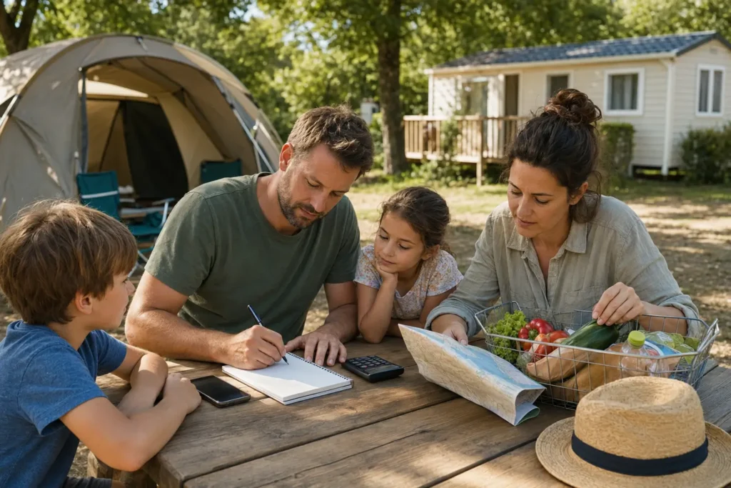 Famille préparant son budget vacances en camping