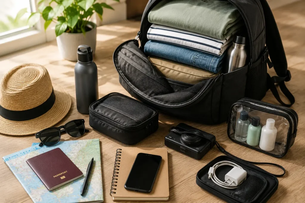 Sac à dos ouvert avec vêtements et accessoires pour voyager léger avec un petit budget