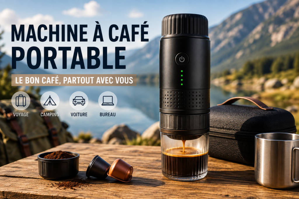 Machine à café portable utilisée en voyage avec café, capsules et accessoires