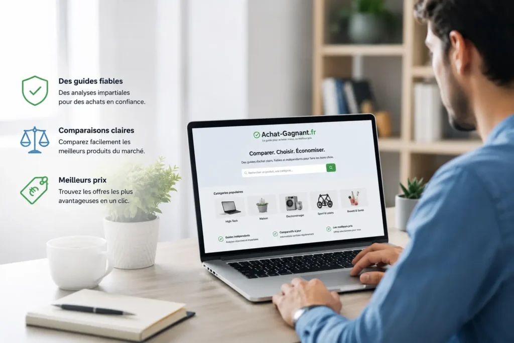 Homme utilisant un ordinateur portable pour comparer des produits et réaliser des achats en ligne intelligents sur Achat-Gagnant.fr