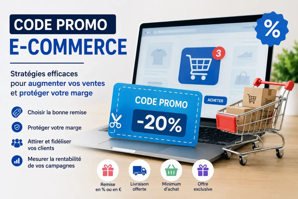 Code promo e-commerce avec réduction, panier en ligne et suivi de rentabilité