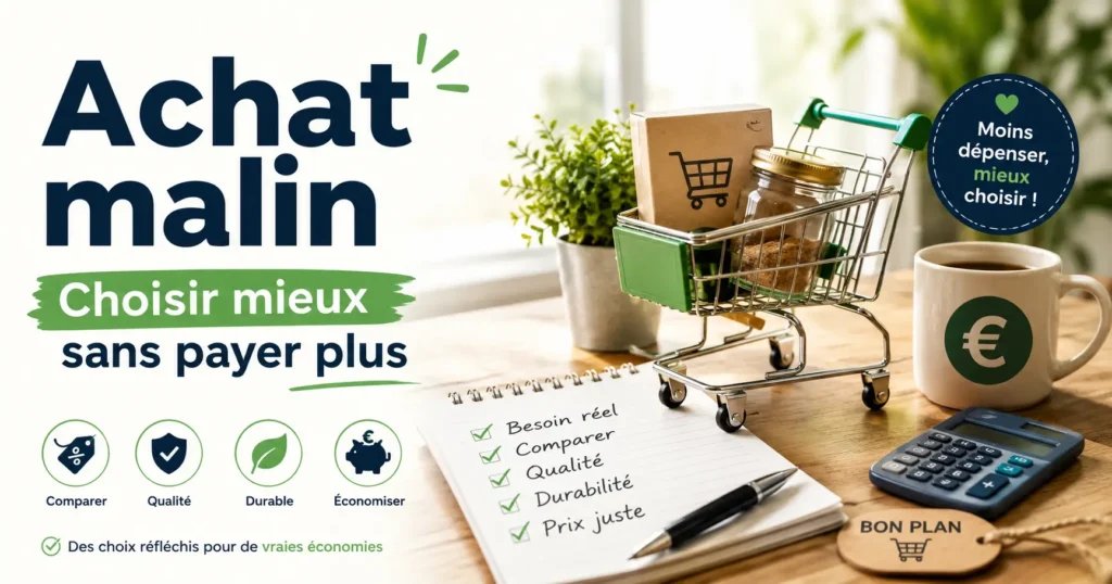 Illustration d’un achat malin avec un panier, une calculatrice et une checklist pour choisir mieux sans payer plus.