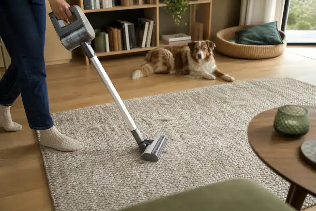 Personne passant un aspirateur balai sur un tapis couvert de quelques poils près d’un chien couché dans le salon