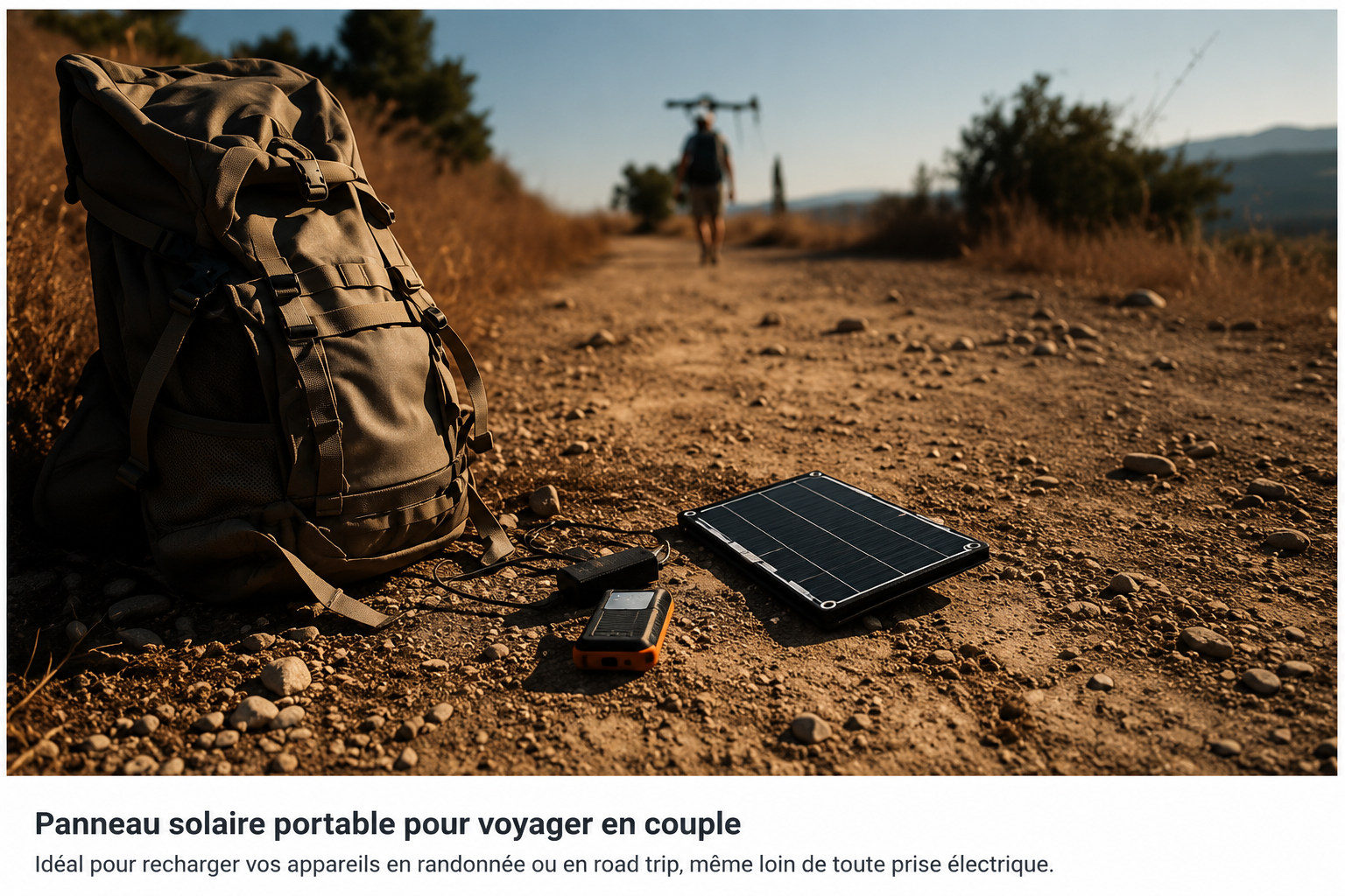 Chargeur solaire portable posé près d’un sac à dos pendant une excursion