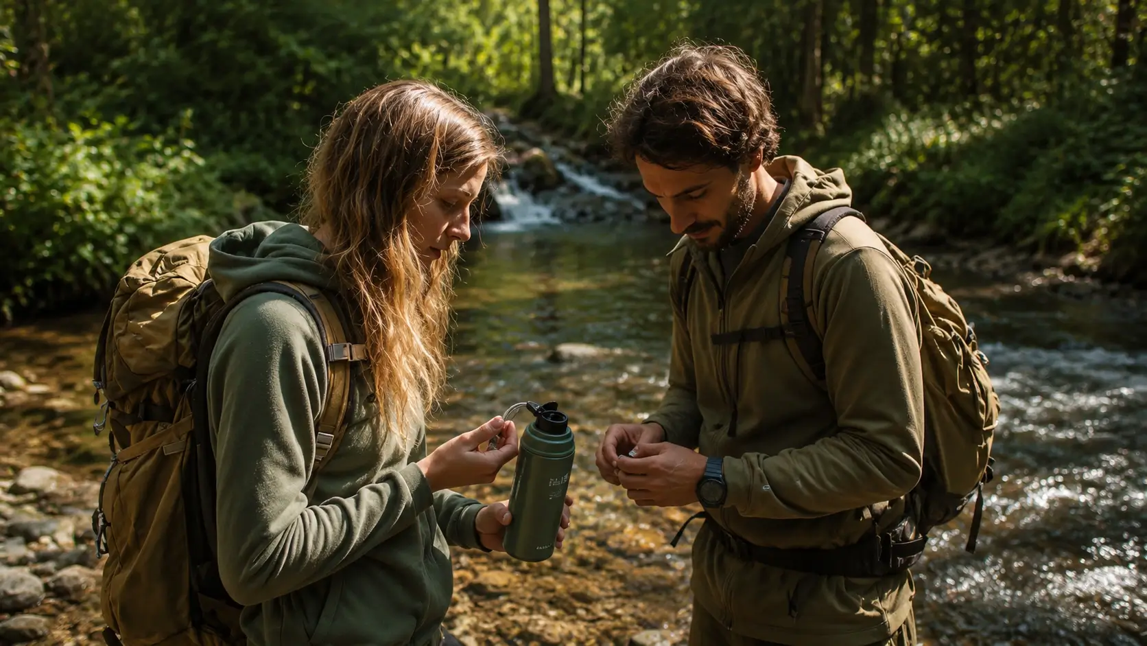 Couple utilisant une gourde filtrante parmi les accessoires pour voyager en couple