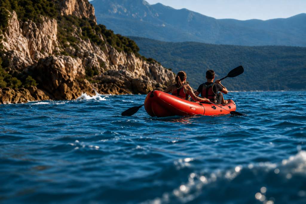 Couple naviguant en kayak gonflable deux places près d’une côte rocheuse