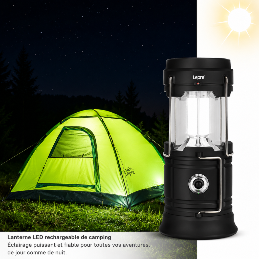Lampe solaire rechargeable devant une tente éclairée la nuit