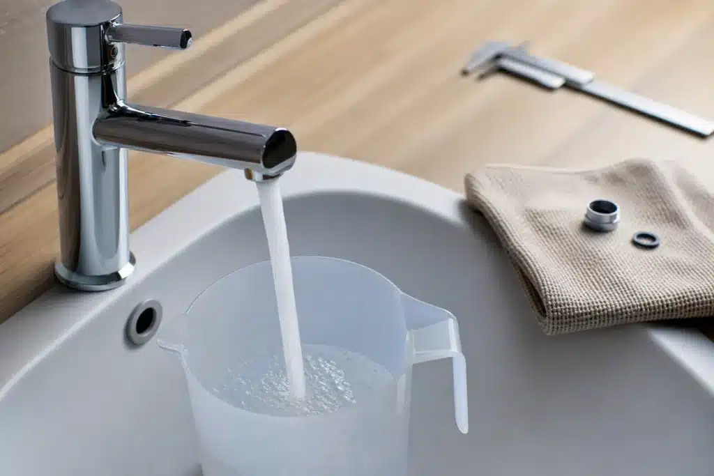 Mesure du débit d'un robinet équipé d'un mousseur économie d'eau avec un récipient gradué