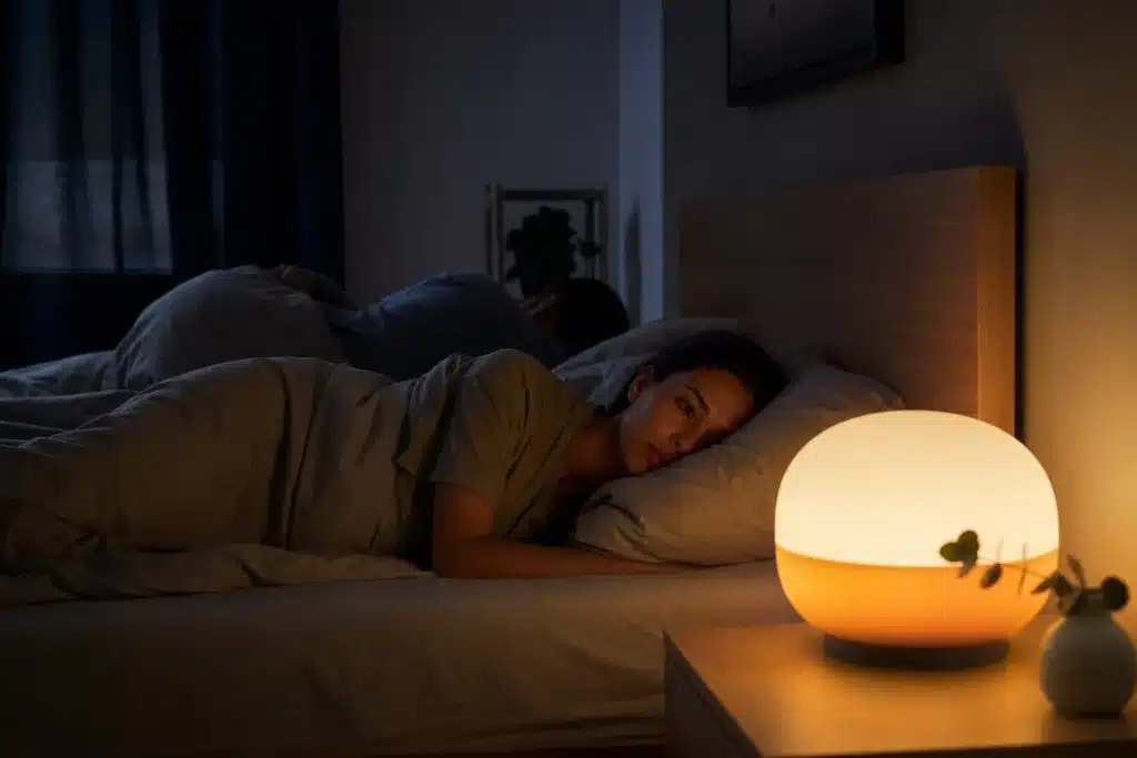 Simulateur d'aube posé sur une table de nuit et diffusant une lumière orangée dans une chambre sombre