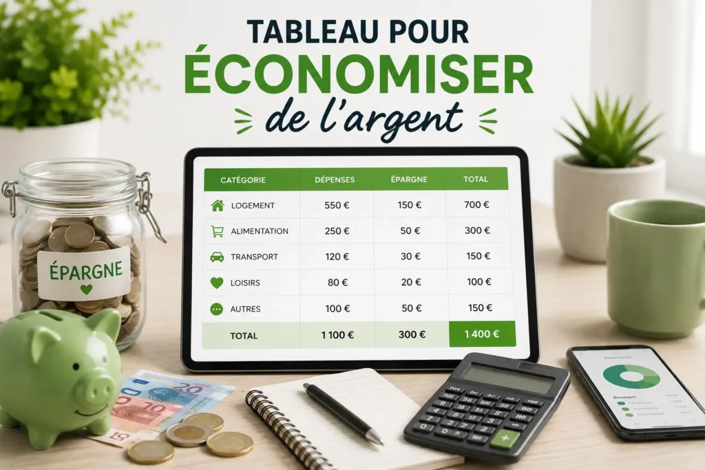 Tableau pour économiser de l’argent avec budget mensuel et épargne