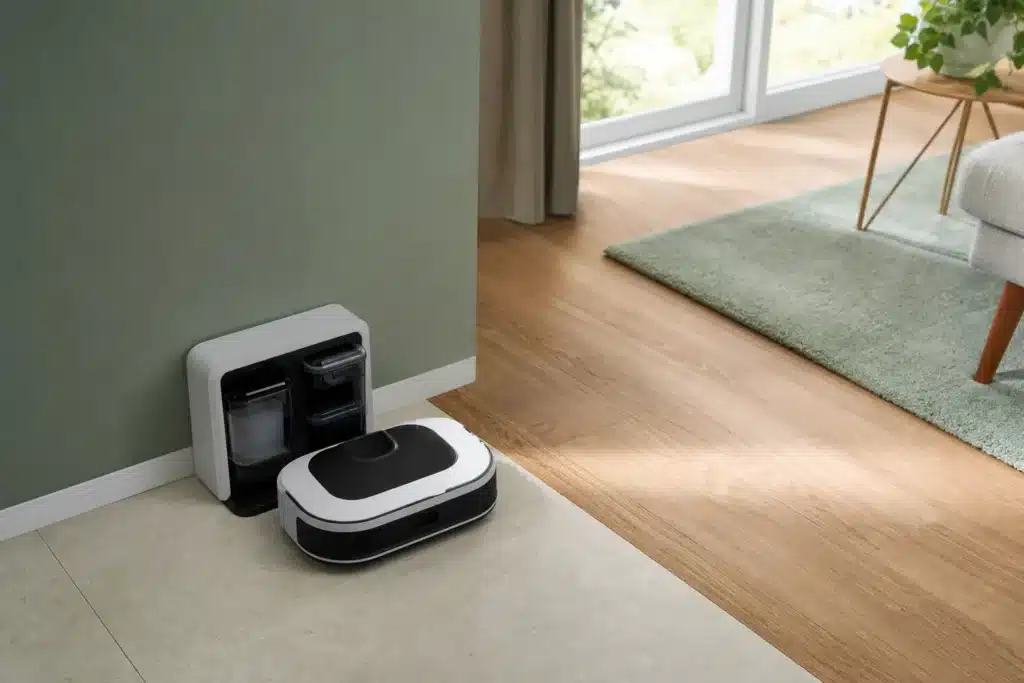 Balai aspirateur laveur sans marque posé entre un carrelage clair et un parquet en bois