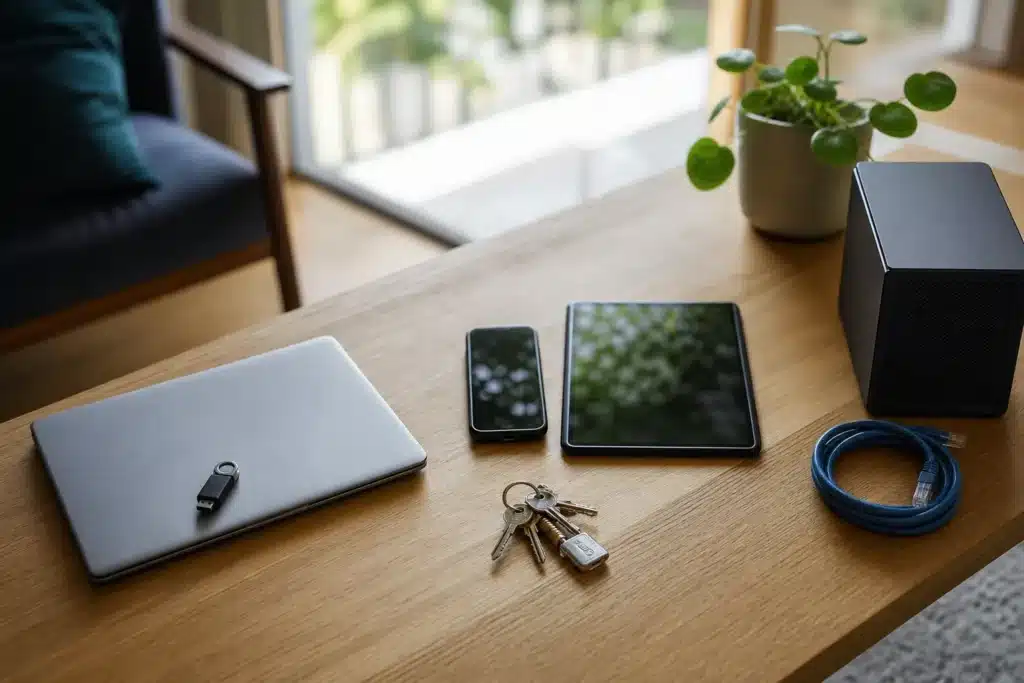 Gestionnaire de mot de passe open source représenté par un ordinateur, des appareils mobiles et un petit serveur domestique