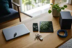 Gestionnaire de mot de passe open source représenté par un ordinateur, des appareils mobiles et un petit serveur domestique