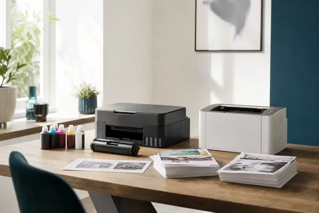 Comparaison pour choisir l’imprimante la plus économique en encre, avec un modèle à réservoir, un laser, des bouteilles et un toner