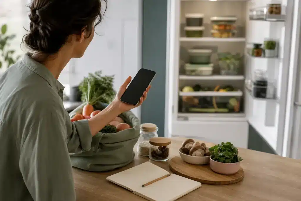 Personne comparant une application anti gaspillage alimentaire sur un téléphone près d’un panier de légumes et d’un réfrigérateur ouvert