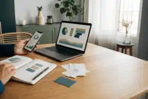 Comparaison d’une application gestion budget gratuite sur smartphone, d’un carnet de comptes et d’un tableau sur ordinateur