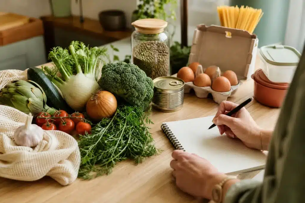 Personne préparant une liste illustrant comment économiser sur les courses, à côté de légumes, de bocaux, d’œufs et de produits de placard