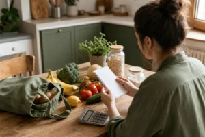 Comparateur prix supermarché avec une liste de courses et des produits alimentaires sur une table de cuisine