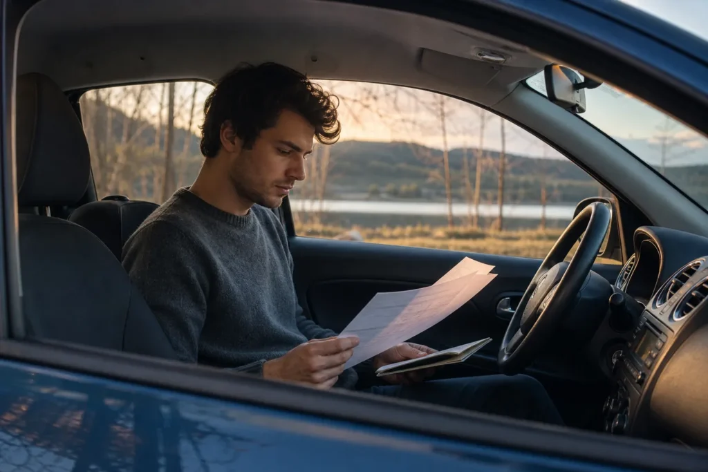 comparatif assurance jeune conducteur auto : jeune conducteur assis dans une voiture compacte et consultant des documents d’assurance