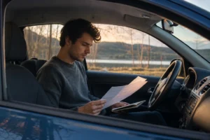 comparatif assurance jeune conducteur auto : jeune conducteur assis dans une voiture compacte et consultant des documents d’assurance