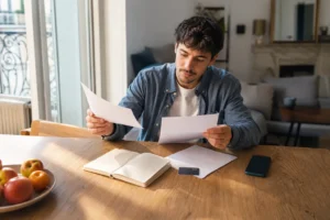 Jeune adulte comparant un compte bancaire gratuit sans condition de revenu