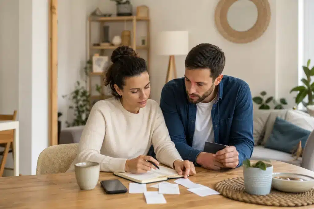 compte joint en ligne : deux adultes consultent ensemble leurs dépenses communes autour d’une table à la maison