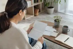 frais bancaires : personne vérifiant un relevé de compte et ses dépenses à une table