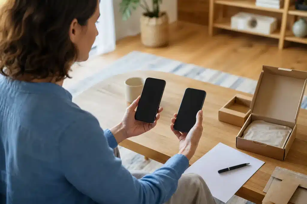où acheter un iPhone reconditionné : personne comparant un iPhone reconditionné et ses informations d’achat sur une table lumineuse