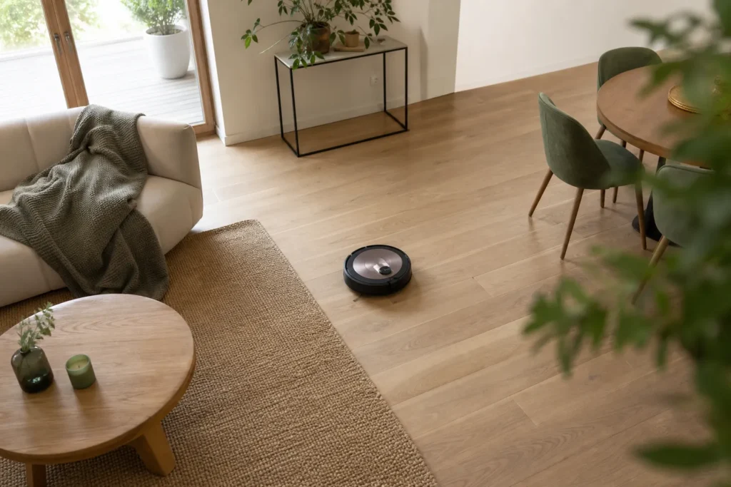 Robot aspirateur meilleur rapport qualité prix circulant dans un salon avec tapis