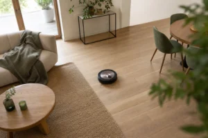 Robot aspirateur meilleur rapport qualité prix circulant dans un salon avec tapis