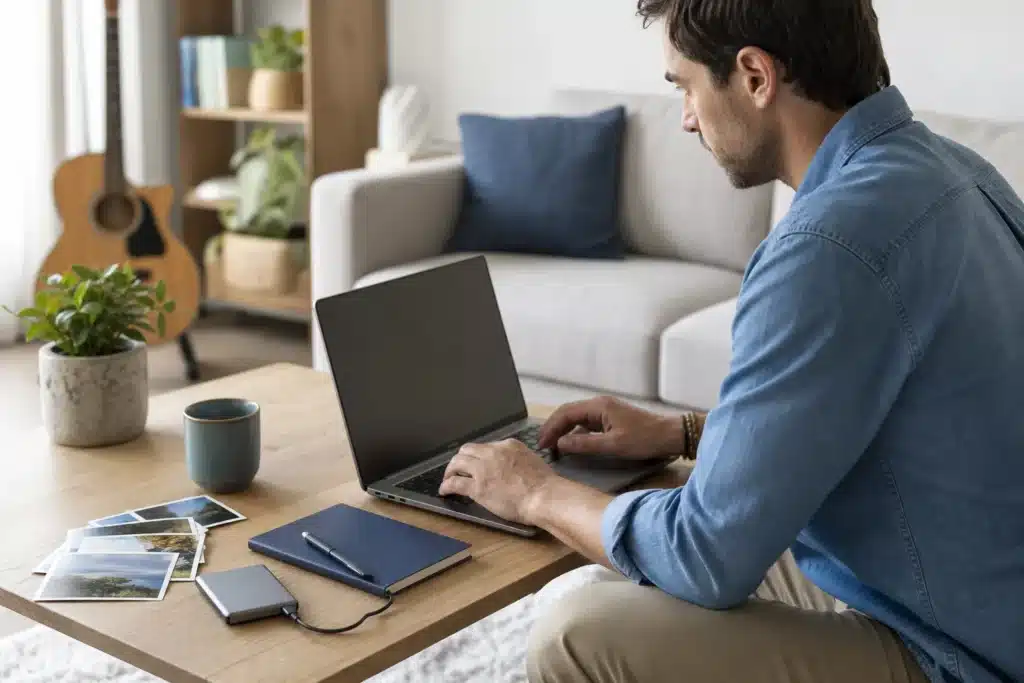 stockage cloud gratuit : personne organisant des documents et des photos sur un ordinateur portable à la maison