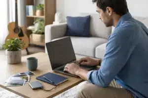 stockage cloud gratuit : personne organisant des documents et des photos sur un ordinateur portable à la maison