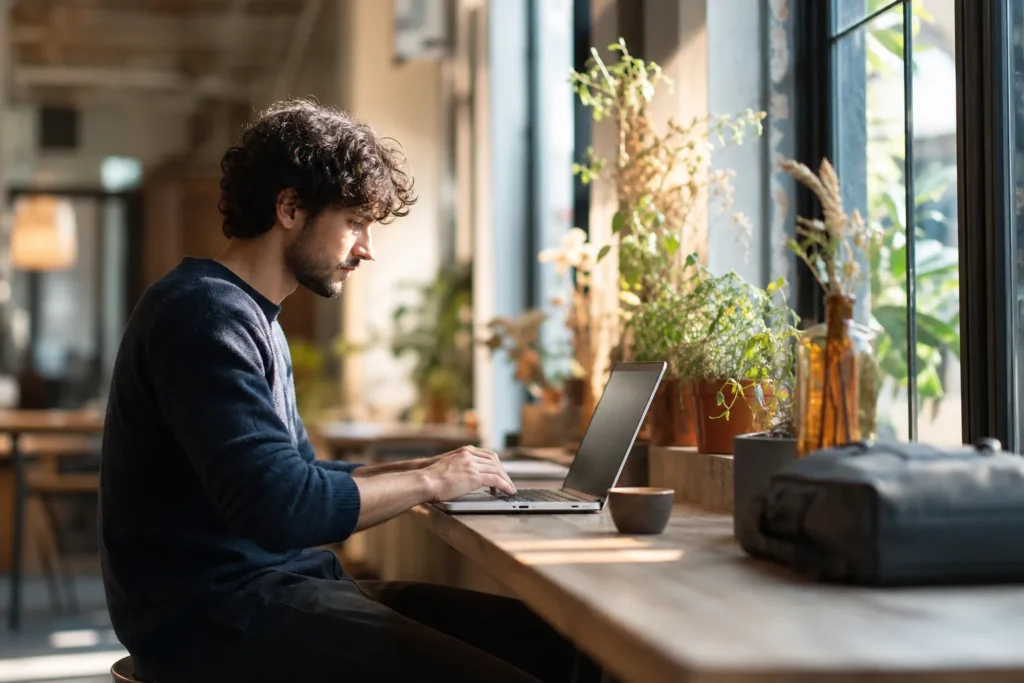 vpn gratuit mac : personne utilisant un ordinateur portable dans un café avec une connexion Wi-Fi publique