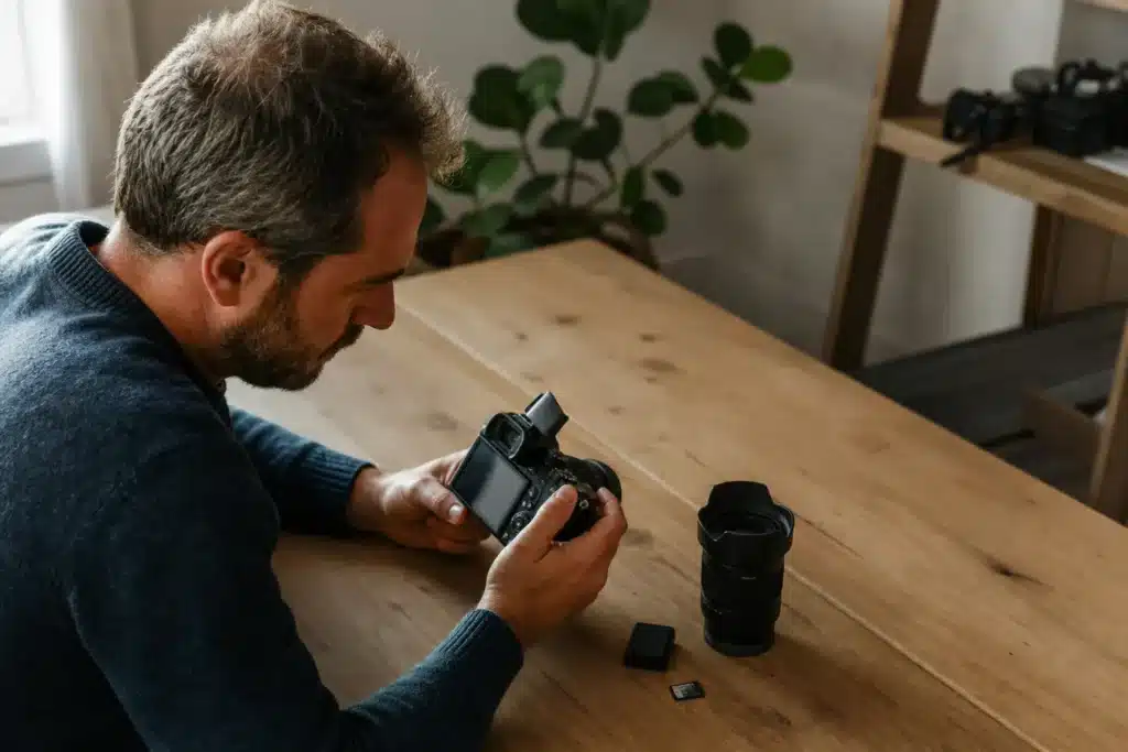 meilleur endroit pour acheter des appareils photo d'occasion : personne examinant un appareil photo d’occasion et un objectif sur une table lumineuse