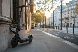 assurance trottinette électrique : trottinette électrique attachée à un point fixe dans une rue urbaine