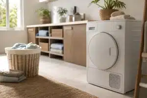 sèche linge pompe à chaleur : sèche-linge moderne dans une buanderie claire avec panier de linge